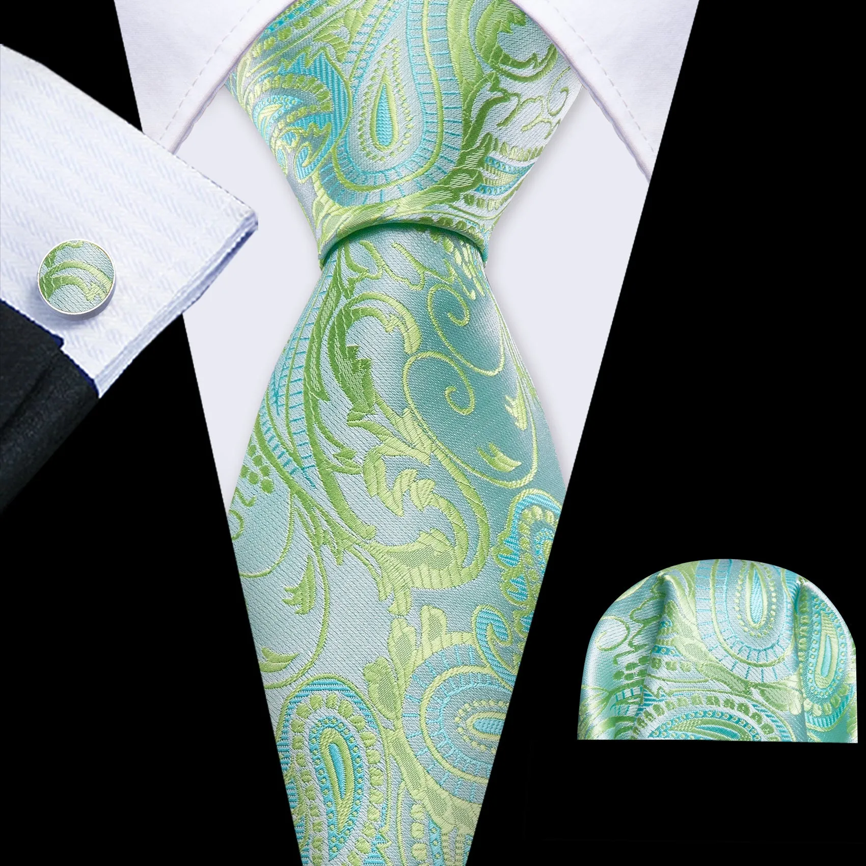 Barry Wang Teal Blue Green Paisley Silk Tie Handkerchief Cufflinks Set sold by Barrywang
