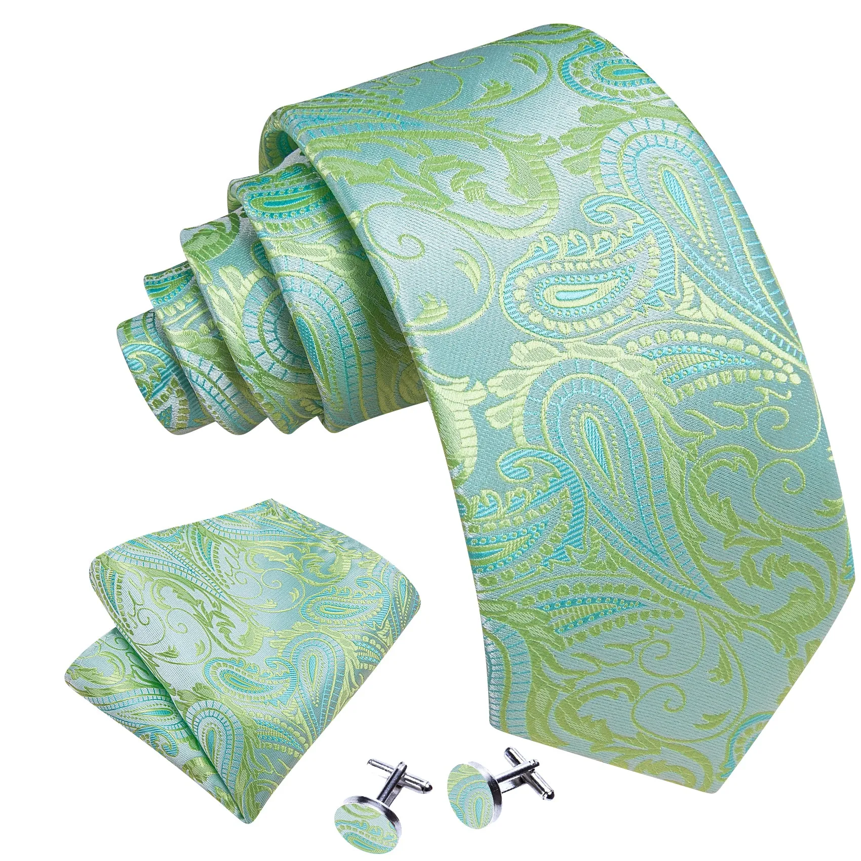 Barry Wang Teal Blue Green Paisley Silk Tie Handkerchief Cufflinks Set sold by Barrywang product image thumbnail 3