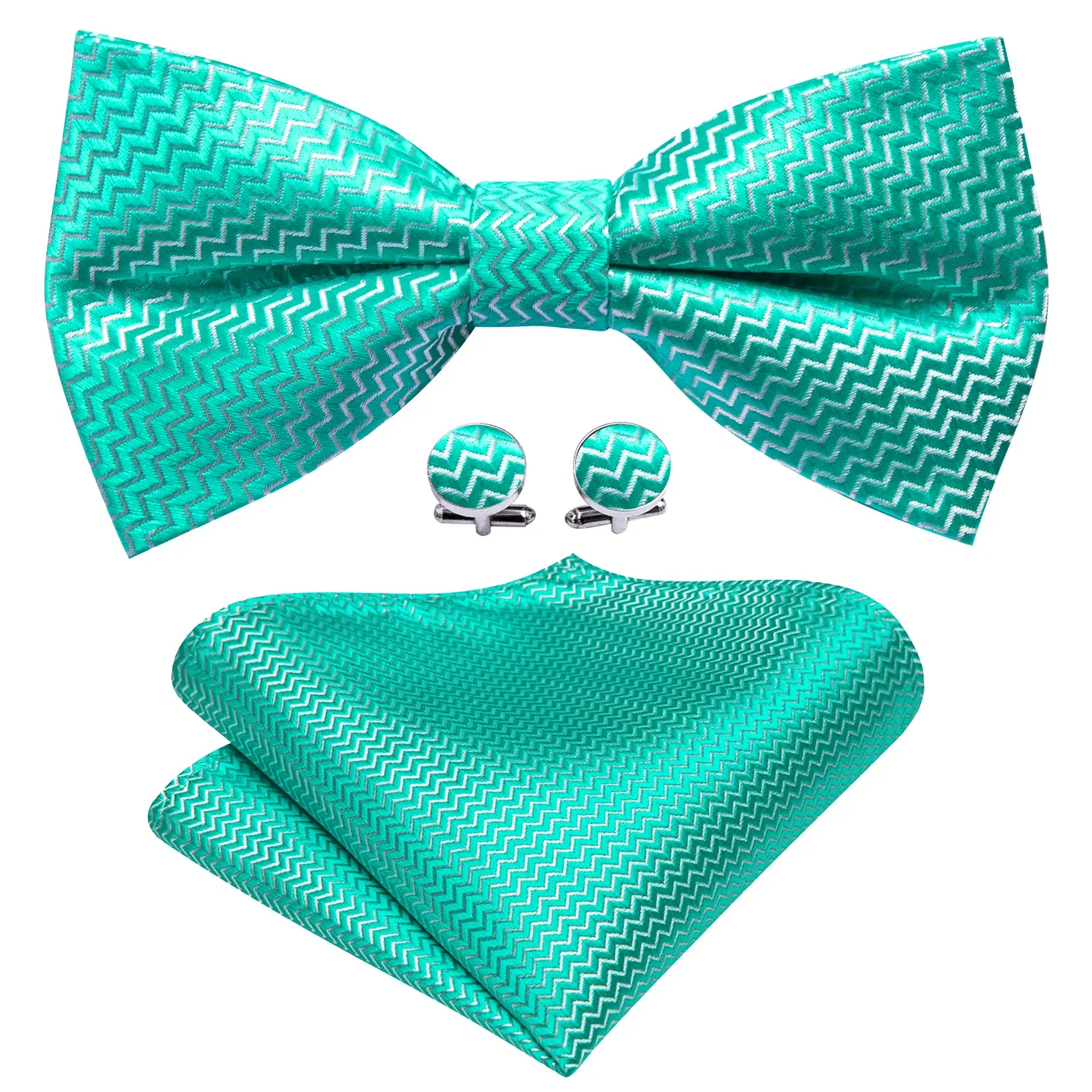 Aqua Curve Bow Tie Barry Wang Teal Green Necktie Hanky Cufflinks Set sold by Barrywang