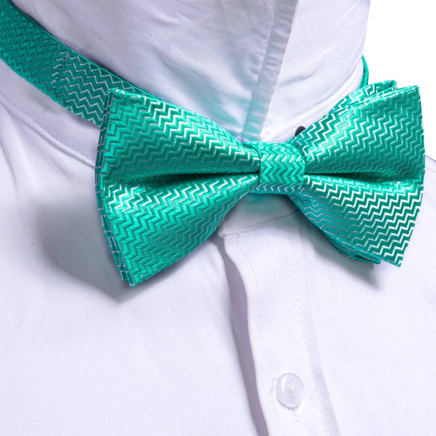 Aqua Curve Bow Tie Barry Wang Teal Green Necktie Hanky Cufflinks Set sold by Barrywang product image thumbnail 4