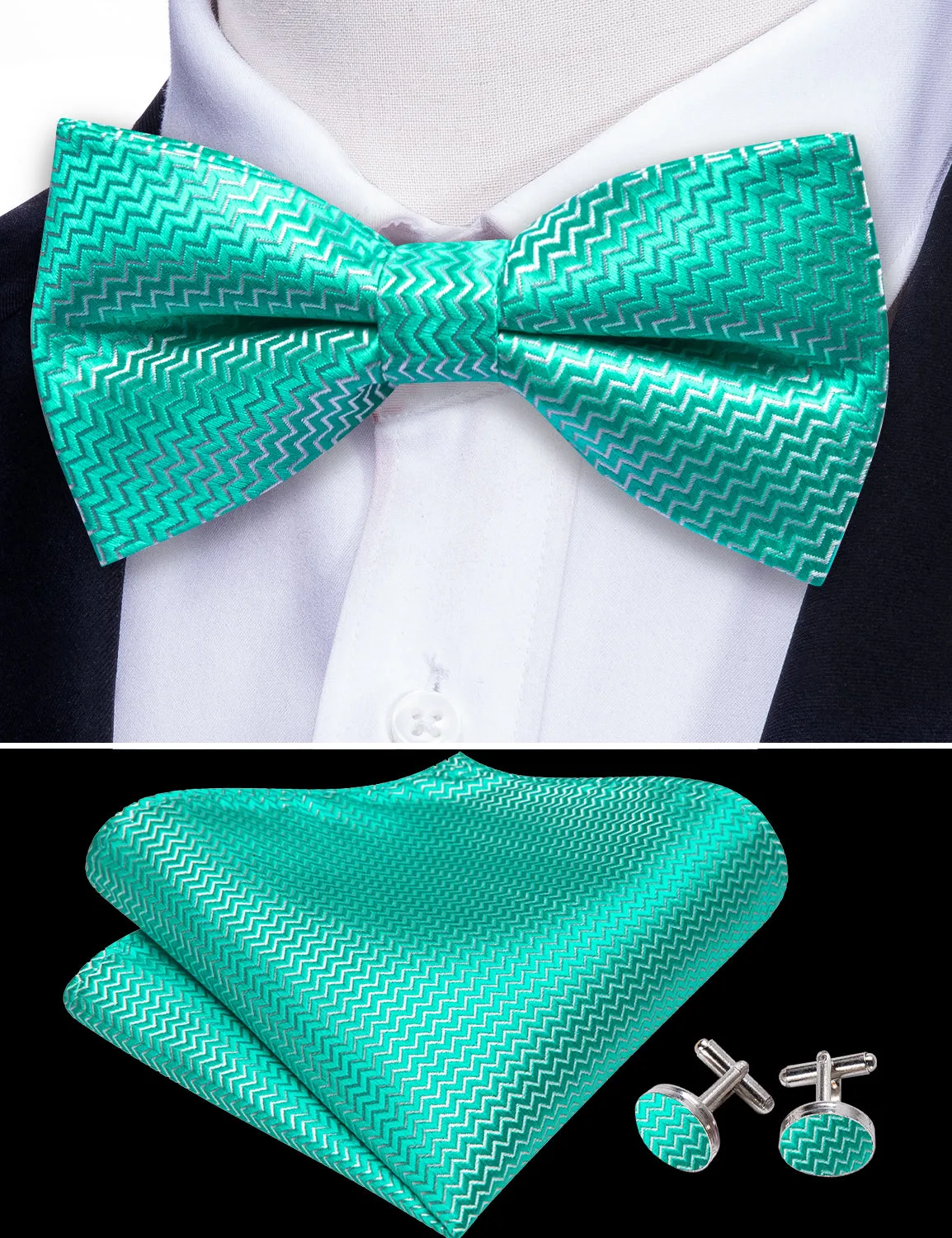 Aqua Curve Bow Tie Barry Wang Teal Green Necktie Hanky Cufflinks Set sold by Barrywang product image thumbnail 3