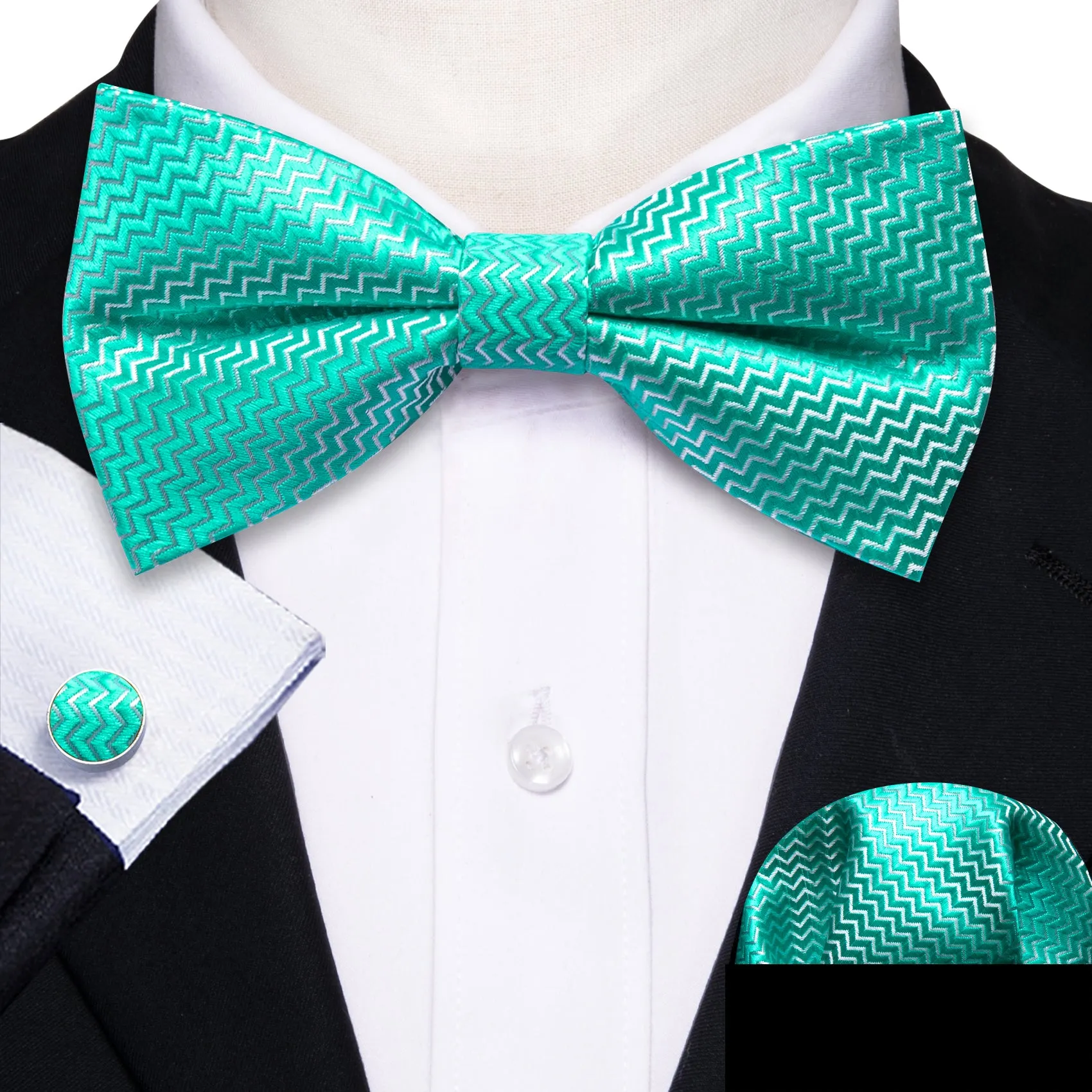 Aqua Curve Bow Tie Barry Wang Teal Green Necktie Hanky Cufflinks Set sold by Barrywang product image thumbnail 2