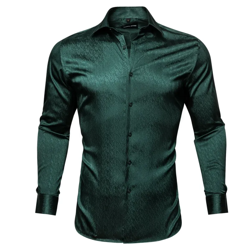 Barry.Wang Button Down Shirt Classy Green Solid Silk Men's Long Sleeve Shirt Business sold by Barrywang