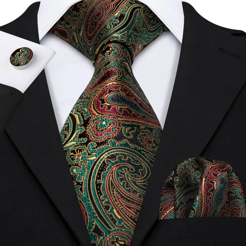 Barry.wang Green Tie Brown Paisley Silk Men's Tie Hanky Cufflinks Set sold by Barrywang