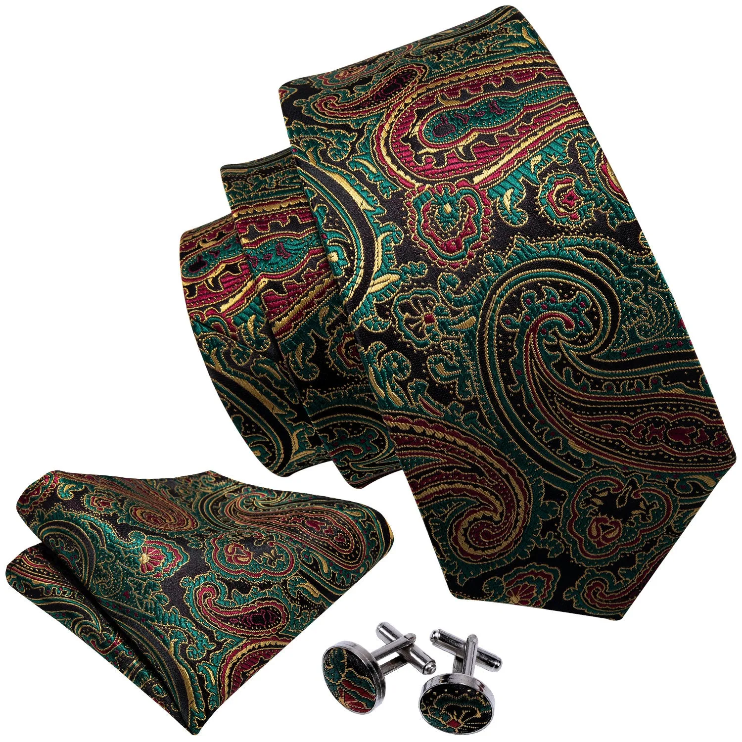 Barry.wang Green Tie Brown Paisley Silk Men's Tie Hanky Cufflinks Set sold by Barrywang product image thumbnail 4