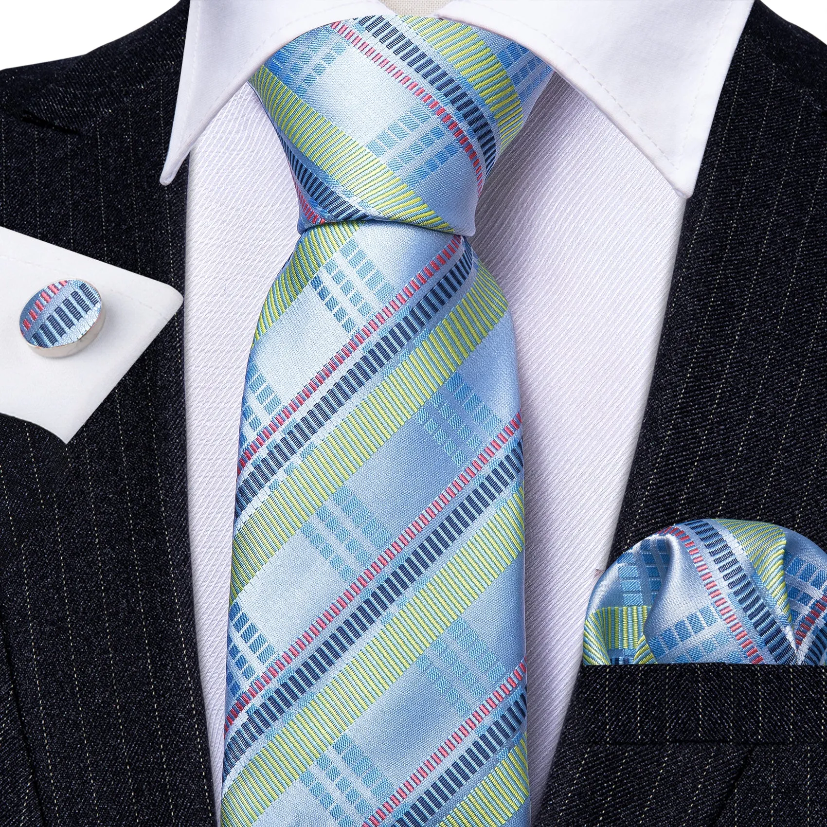 Barry Wang Blue Tie Turquoise Striped Tie Handkerchief Cufflinks Set sold by Barrywang product image thumbnail 2