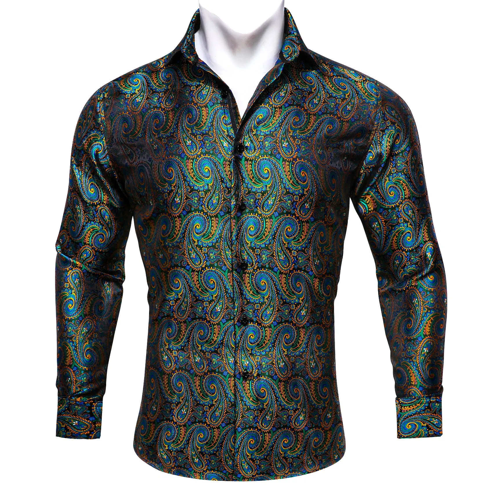 Barry Wang Teal Blue Orange Paisley Shirts Silk Jacquard Men's Shirt sold by Barrywang