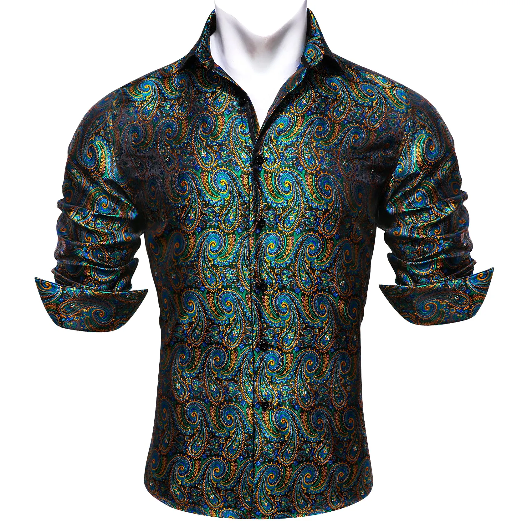 Barry Wang Teal Blue Orange Paisley Shirts Silk Jacquard Men's Shirt sold by Barrywang product image thumbnail 5