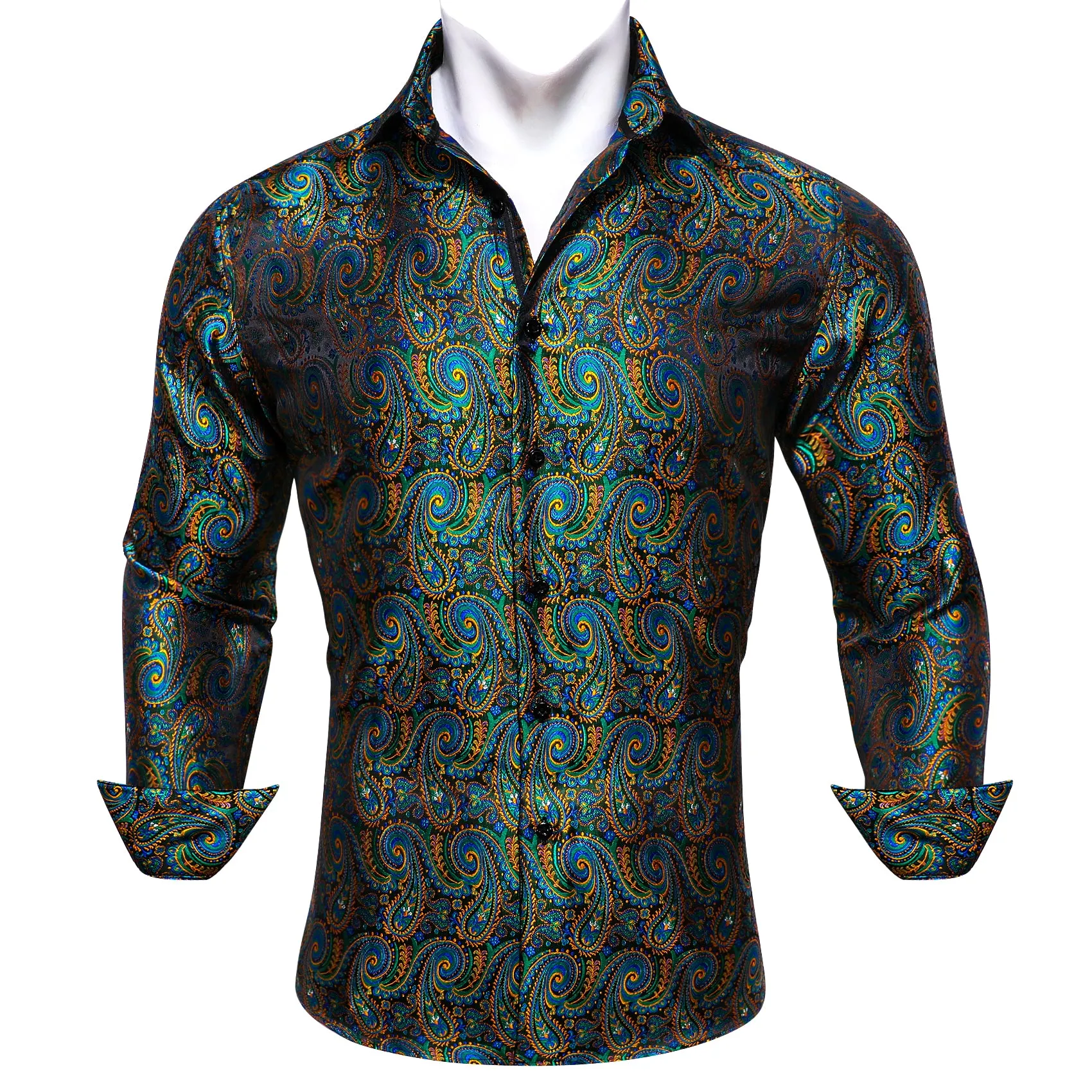 Barry Wang Teal Blue Orange Paisley Shirts Silk Jacquard Men's Shirt sold by Barrywang product image thumbnail 3