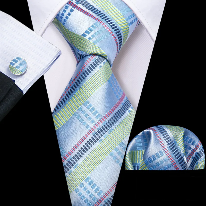 Barry Wang Blue Tie Turquoise Striped Tie Handkerchief Cufflinks Set sold by Barrywang