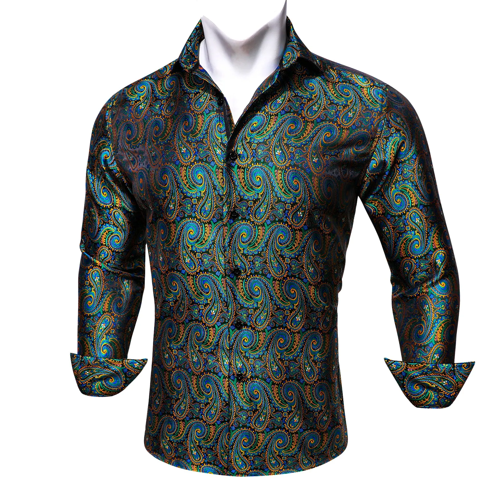 Barry Wang Teal Blue Orange Paisley Shirts Silk Jacquard Men's Shirt sold by Barrywang product image thumbnail 4