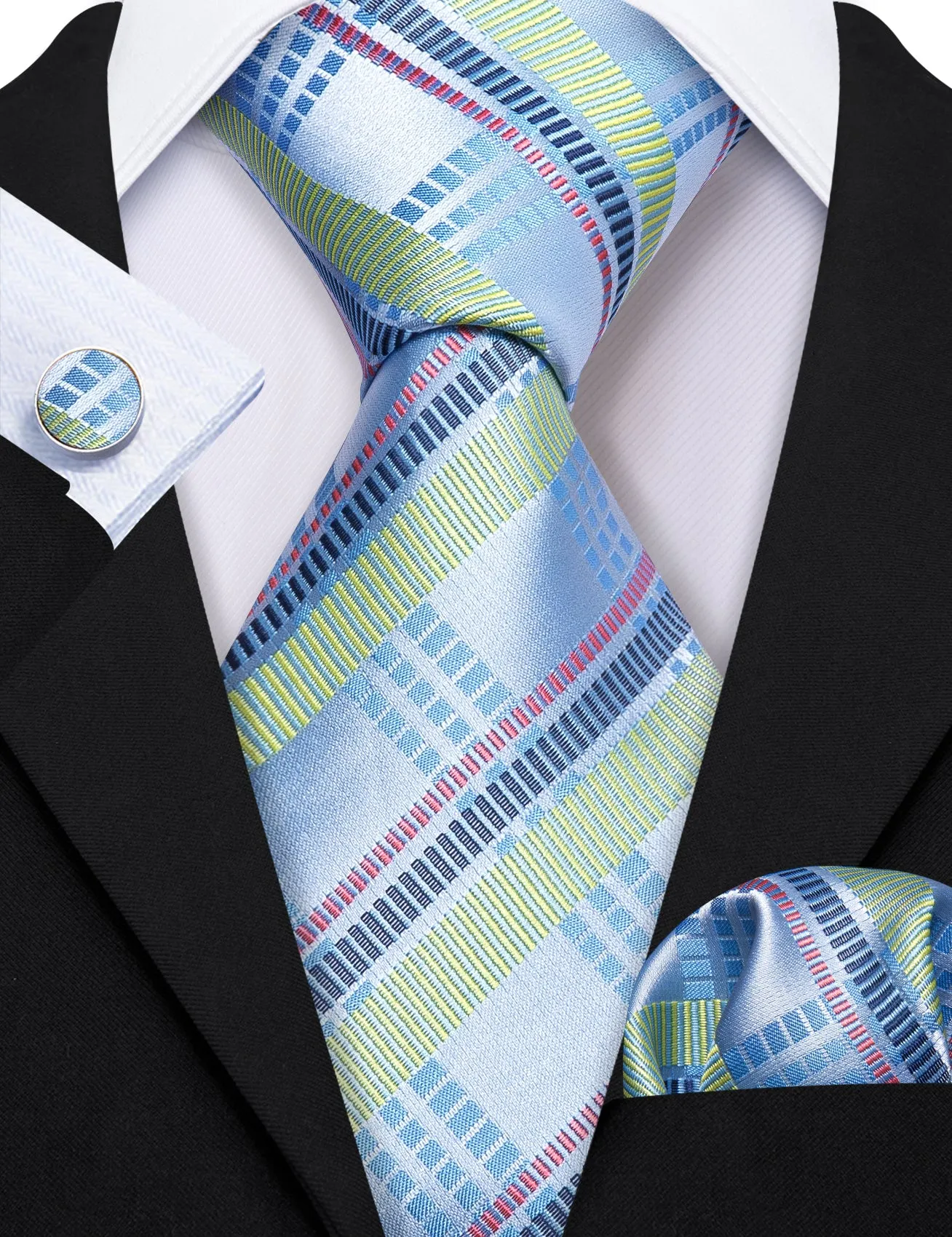 Barry Wang Blue Tie Turquoise Striped Tie Handkerchief Cufflinks Set sold by Barrywang product image thumbnail 3