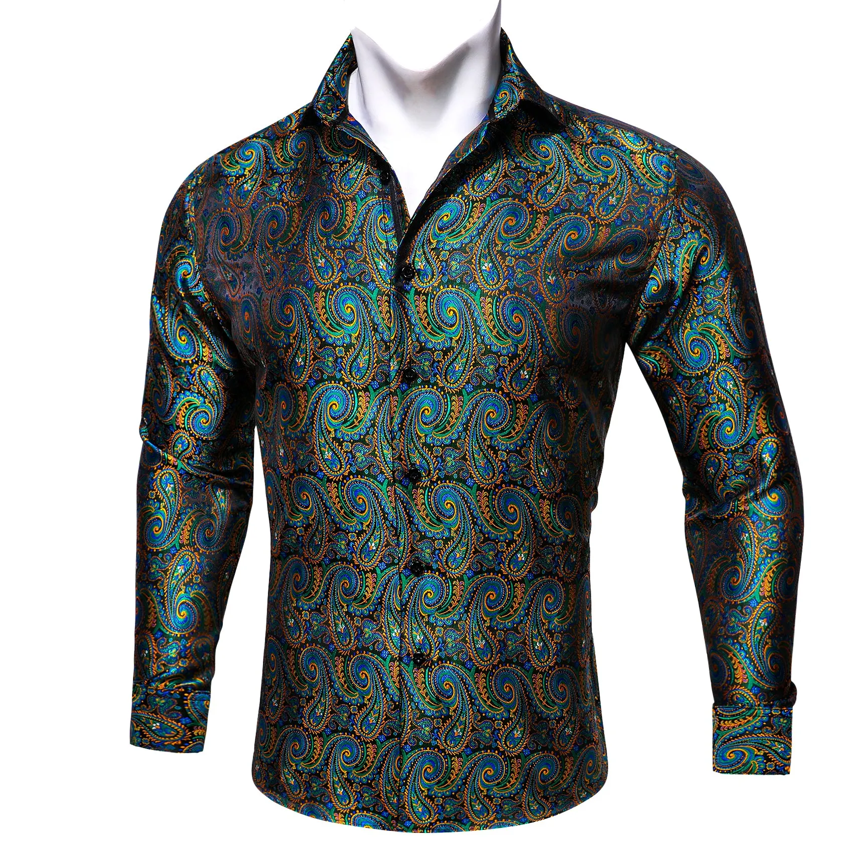 Barry Wang Teal Blue Orange Paisley Shirts Silk Jacquard Men's Shirt sold by Barrywang product image thumbnail 2