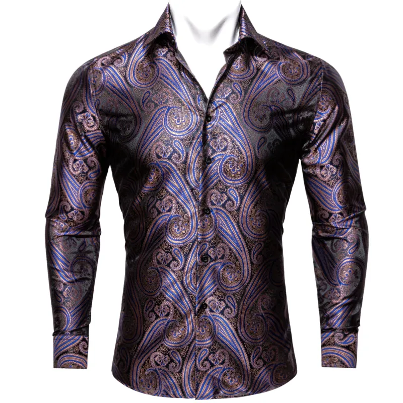 Barry Wang Purple Blue Silk Paisley Tribal Daily Slim Fit Men's Shirt sold by Barrywang