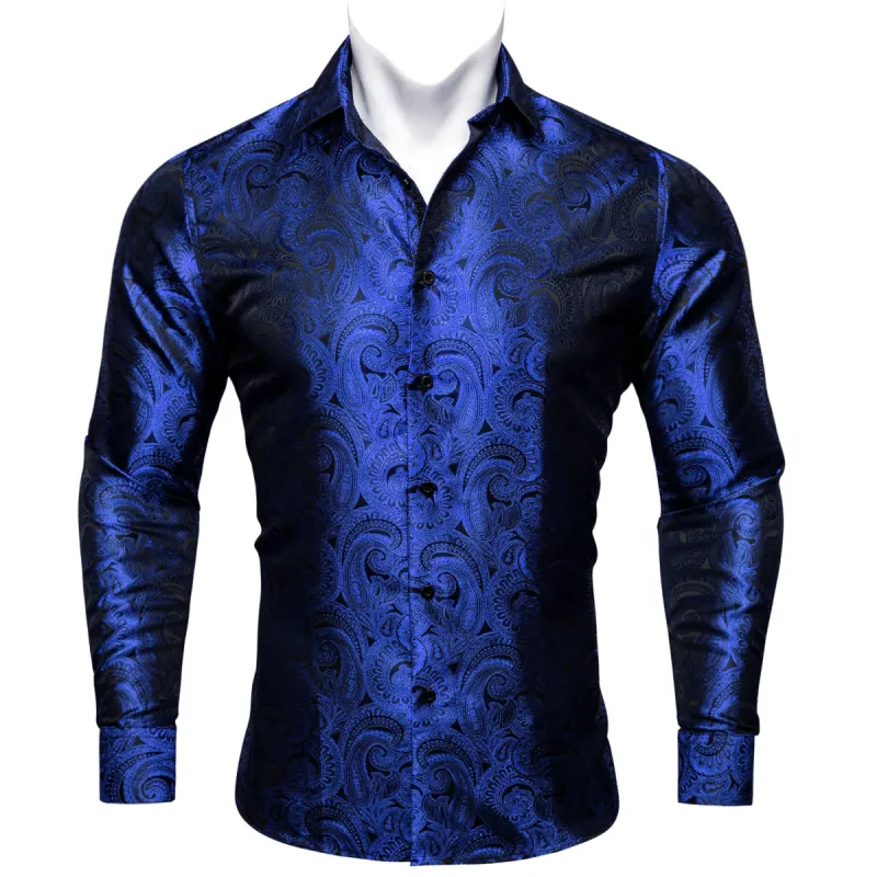 Barry Wang Sapphire Blue Paisley Black Silk Men's Formal Shirt for Guy sold by Barrywang