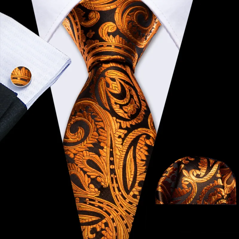 Barry Wang Brown Black Paisley Silk Men Tie Handkerchief Cufflinks Set sold by Barrywang