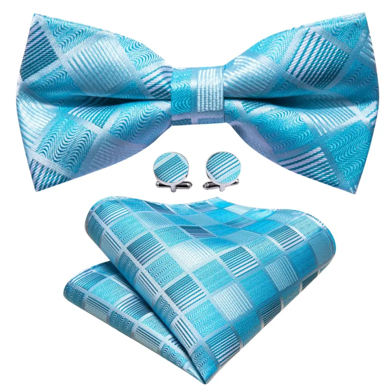 Barry Wang Mens Silk Blue Plaid Pre Tied Bow Tie Hanky Cufflinks Set sold by Barrywang