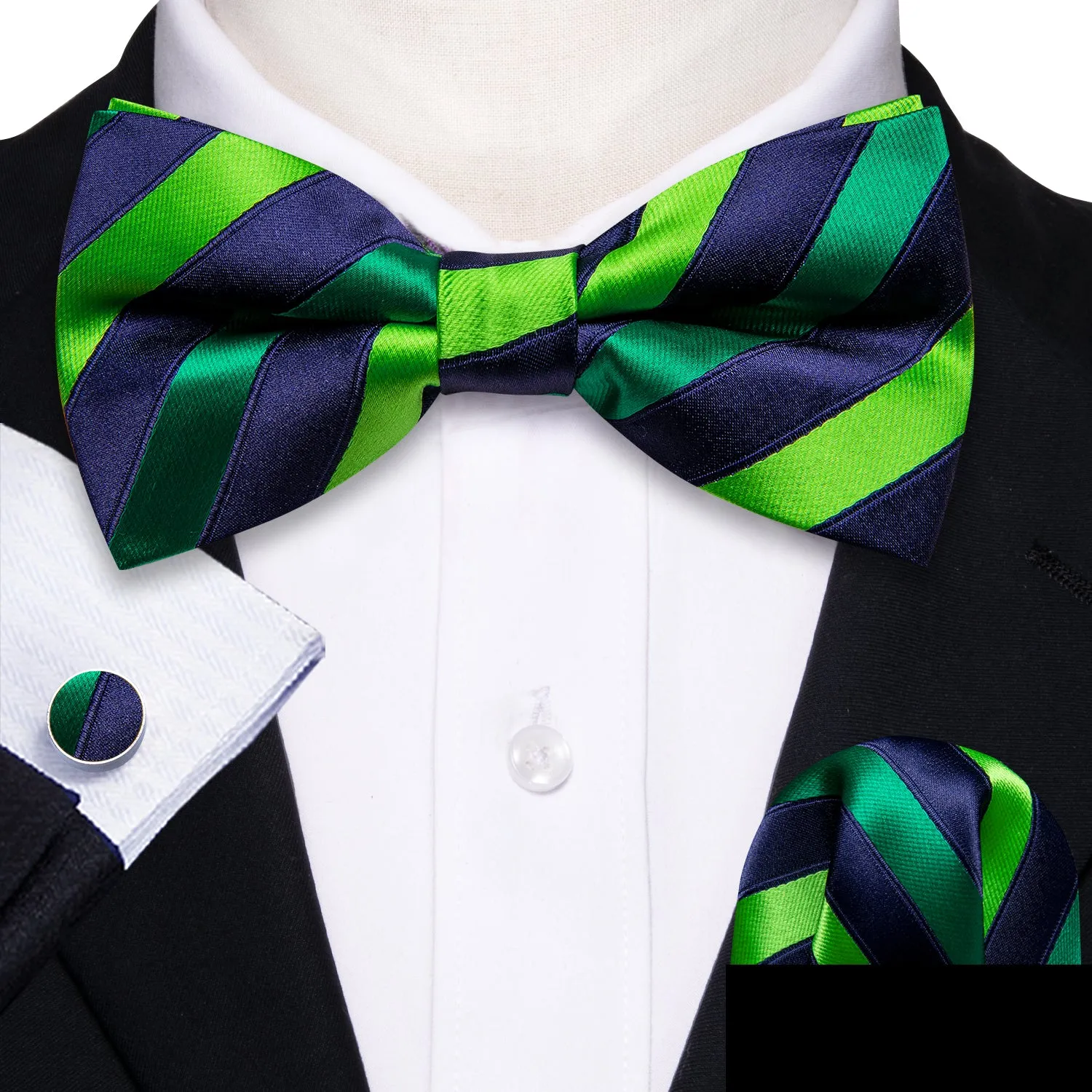 Barry Wang Blue Green Striped Pre-tied Men Bow Tie Hanky Cufflinks Set sold by Barrywang product image thumbnail 2