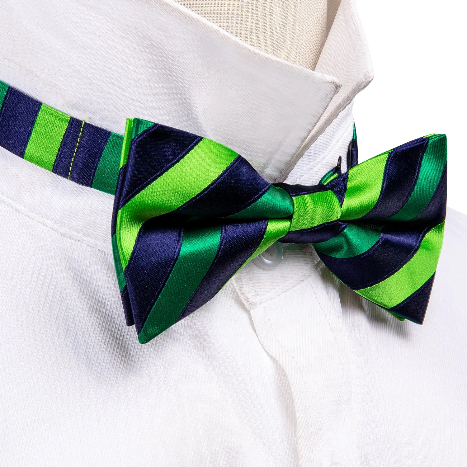 Barry Wang Blue Green Striped Pre-tied Men Bow Tie Hanky Cufflinks Set sold by Barrywang product image thumbnail 5