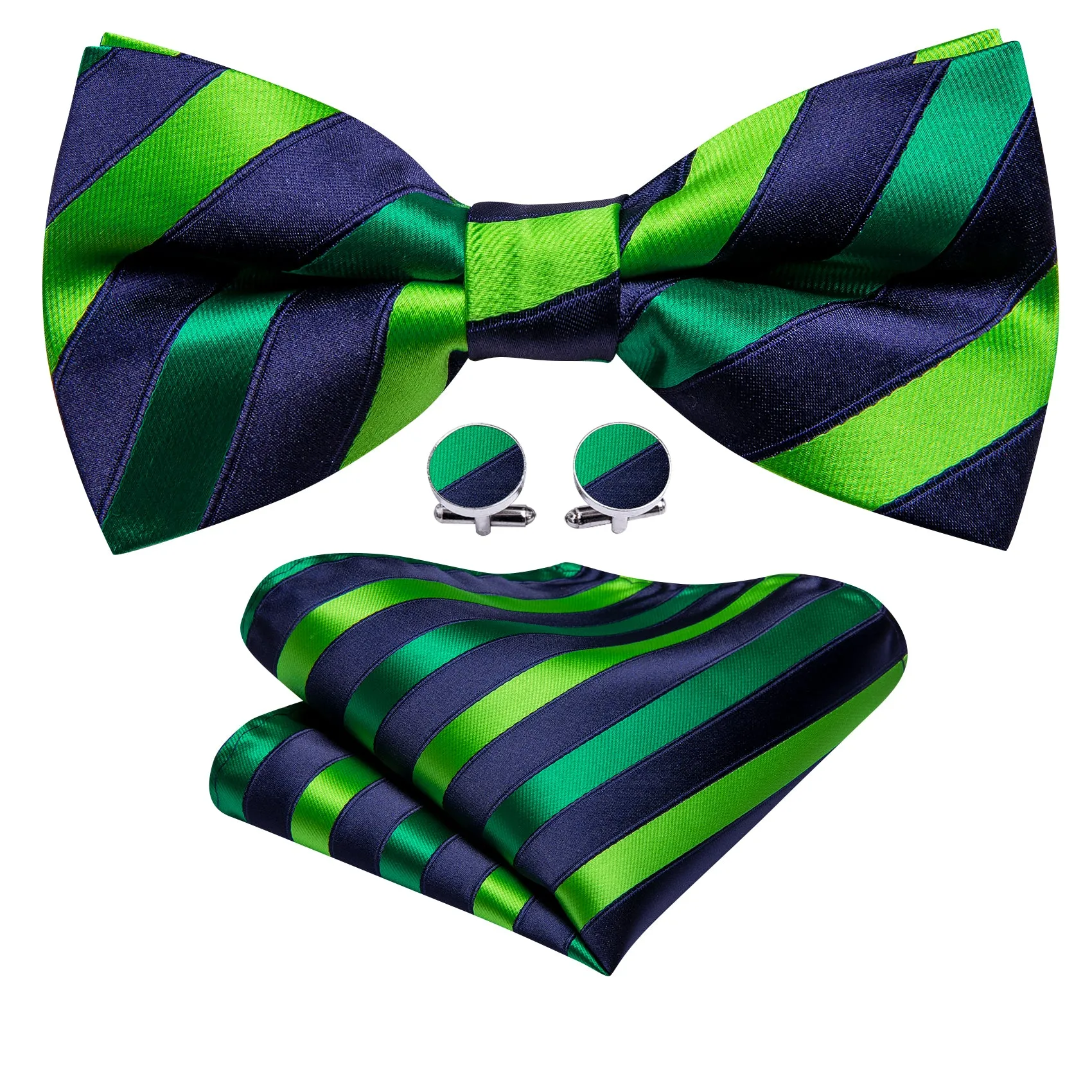 Barry Wang Blue Green Striped Pre-tied Men Bow Tie Hanky Cufflinks Set sold by Barrywang