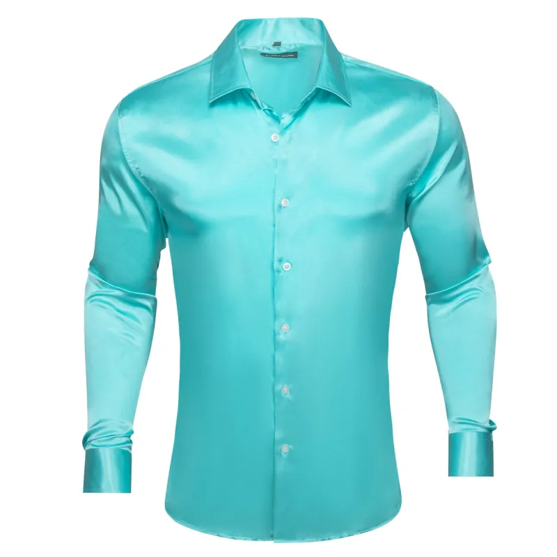 Barry.wang Button Down Shirt Cyan Blue Solid Silk Men's Long Sleeve Shirt sold by Barrywang
