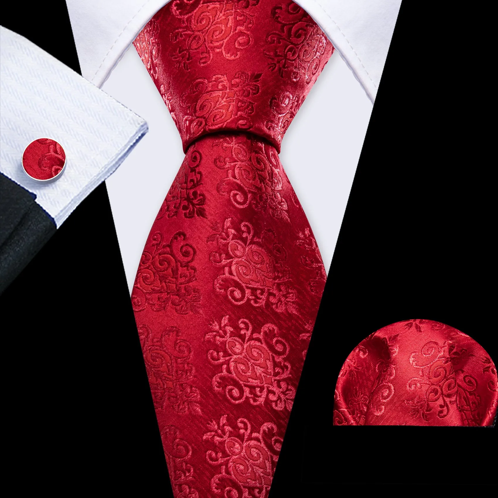 Barry Wang Novetly Red Floral Silk Necktie Handkerchief Cufflinks Set sold by Barrywang