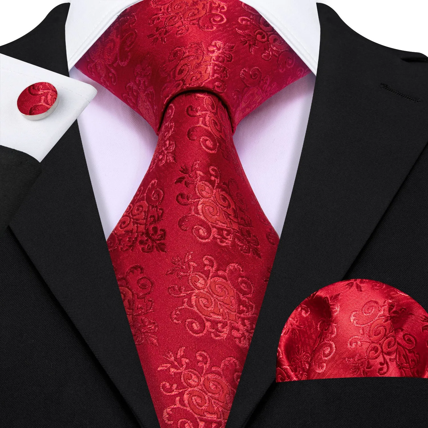Barry Wang Novetly Red Floral Silk Necktie Handkerchief Cufflinks Set sold by Barrywang product image thumbnail 2