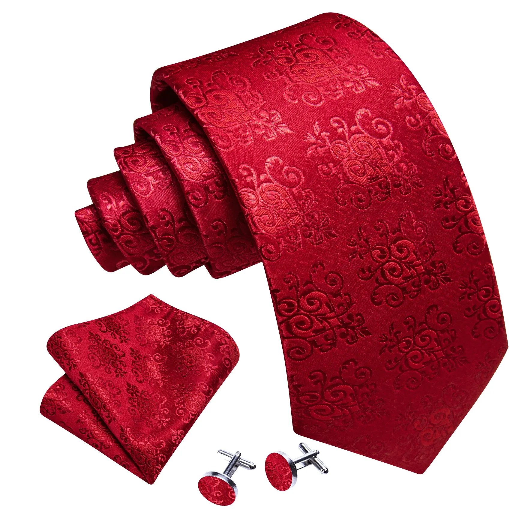 Barry Wang Novetly Red Floral Silk Necktie Handkerchief Cufflinks Set sold by Barrywang product image thumbnail 3