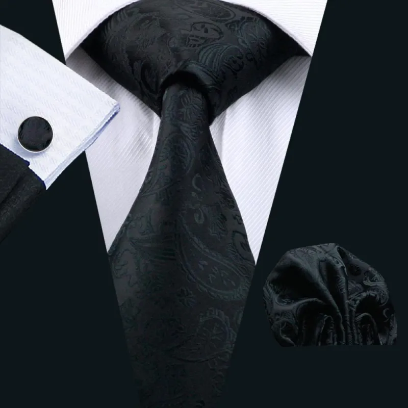 Barry. Wang Dark Black Paisley Silk Necktie Pocket Square Cufflinks Set sold by Barrywang