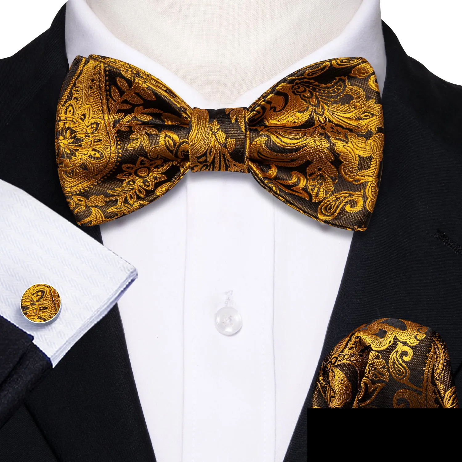 Barry Wang Black Gold Paisley Self Tie Men Bow Tie Hanky Cufflinks Set sold by Barrywang product image thumbnail 3