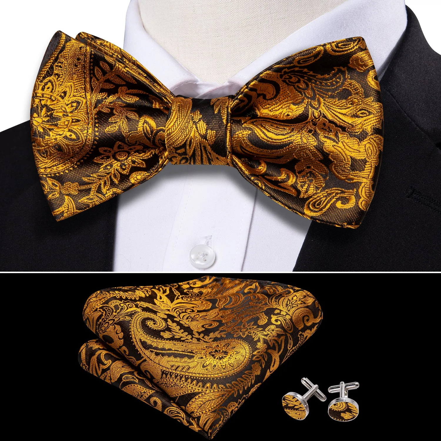 Barry Wang Black Gold Paisley Self Tie Men Bow Tie Hanky Cufflinks Set sold by Barrywang