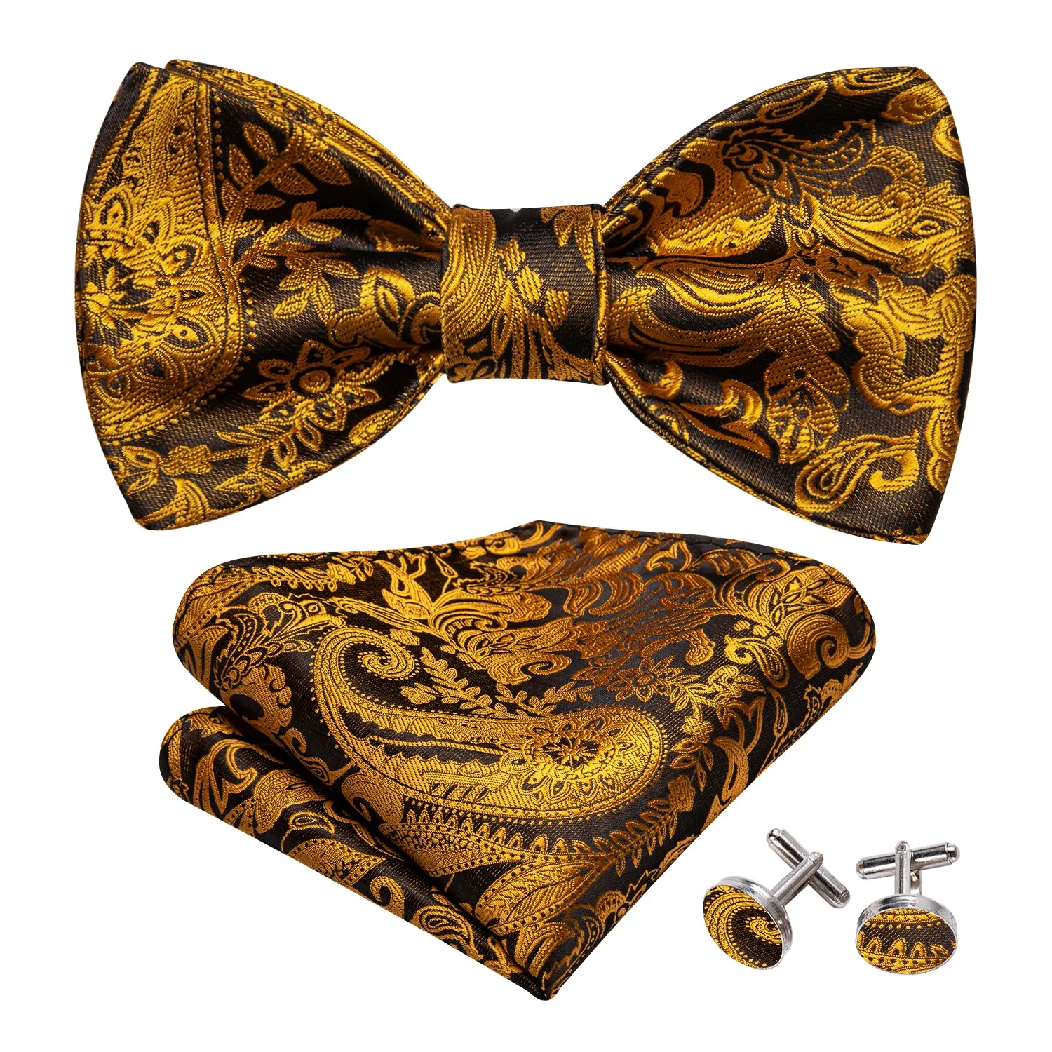 Barry Wang Black Gold Paisley Self Tie Men Bow Tie Hanky Cufflinks Set sold by Barrywang product image thumbnail 2