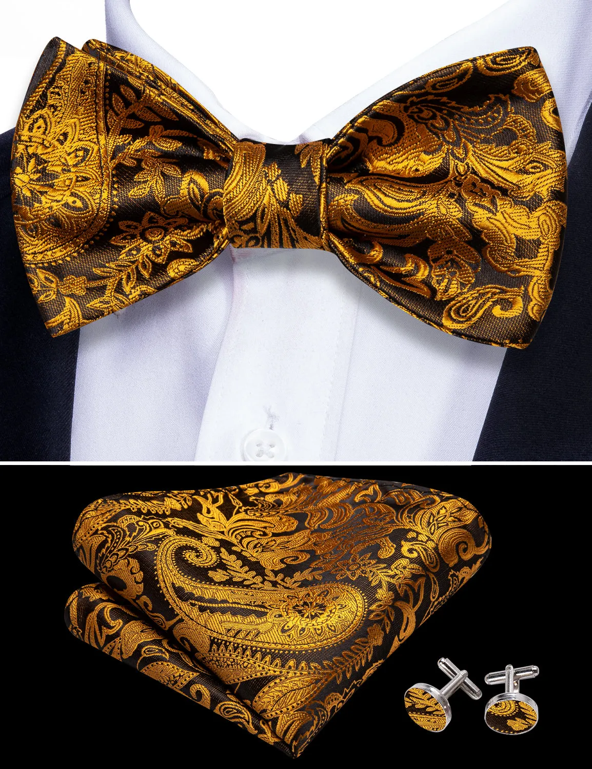 Barry Wang Black Gold Paisley Self Tie Men Bow Tie Hanky Cufflinks Set sold by Barrywang product image thumbnail 5