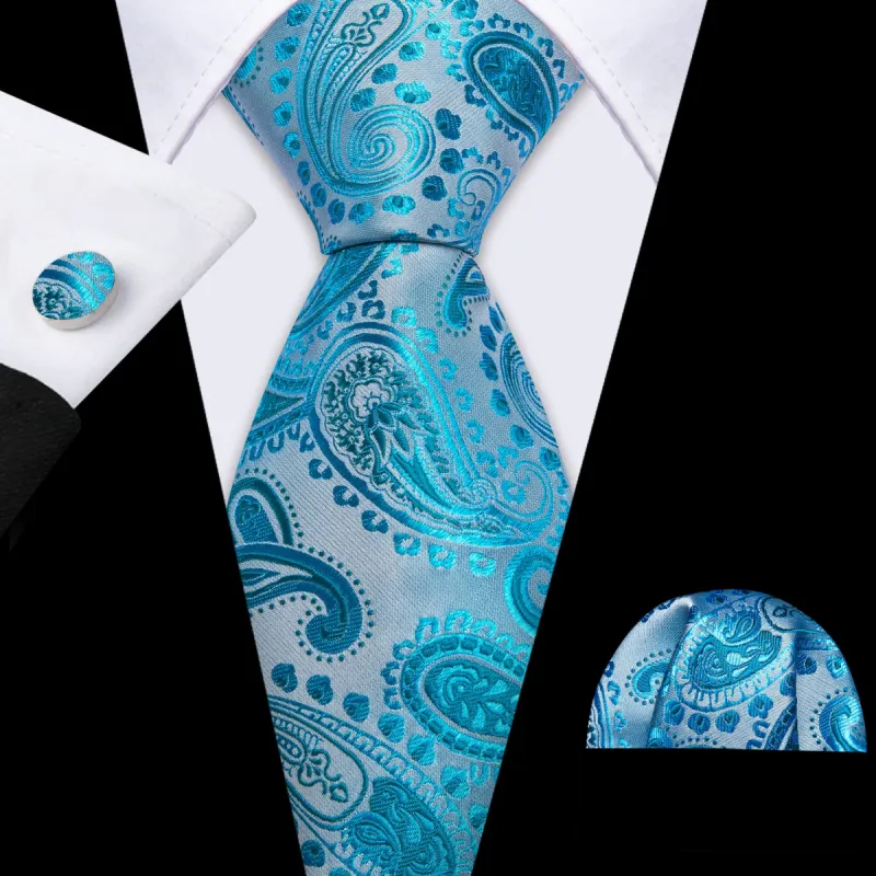 Barry Wang Beautiful Sky Blue Paisley Tie Handkerchief Cufflinks Set sold by Barrywang