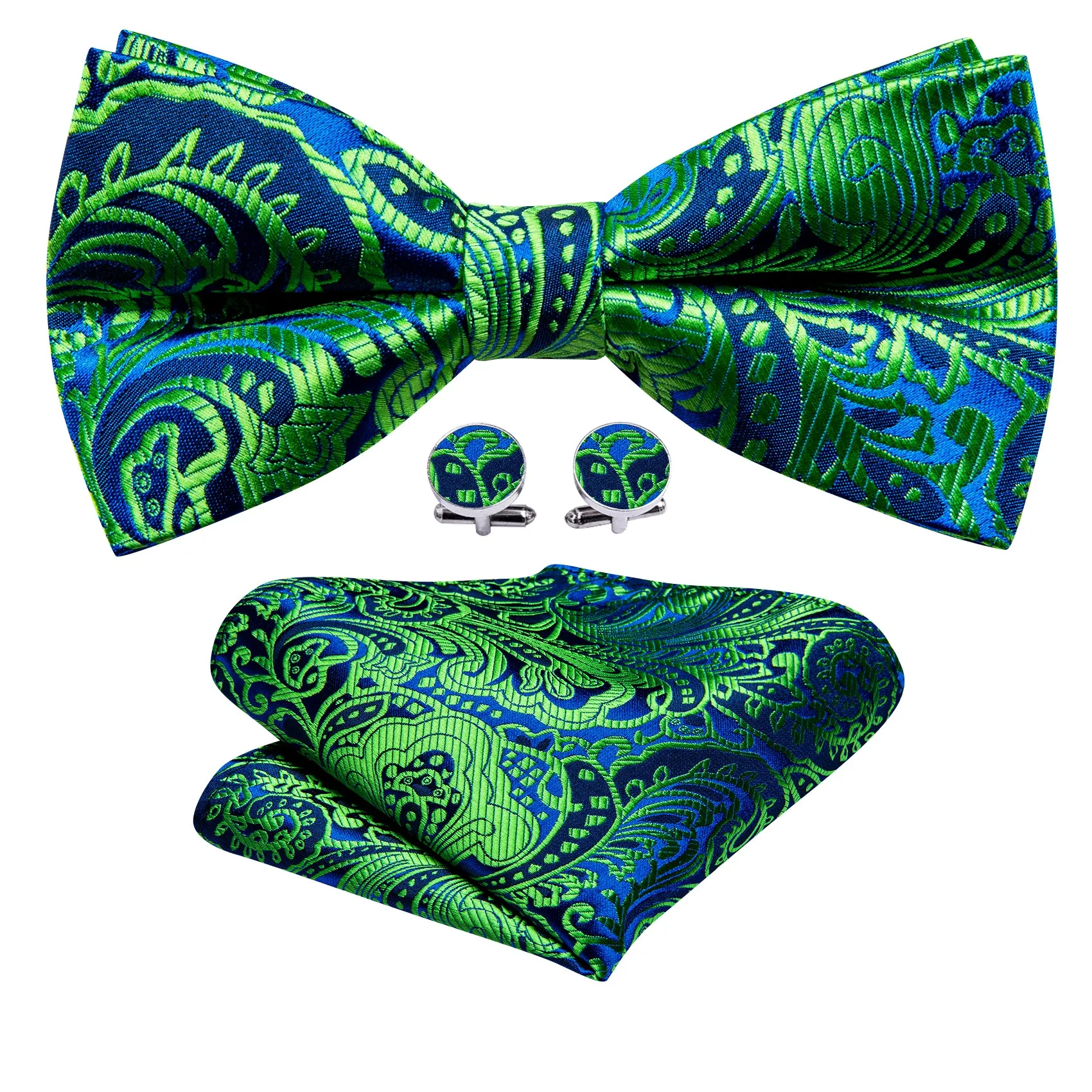 Barry. Wang Teal Blue Paisley Pre-tied Bow Tie Hanky Cufflinks Set sold by Barrywang