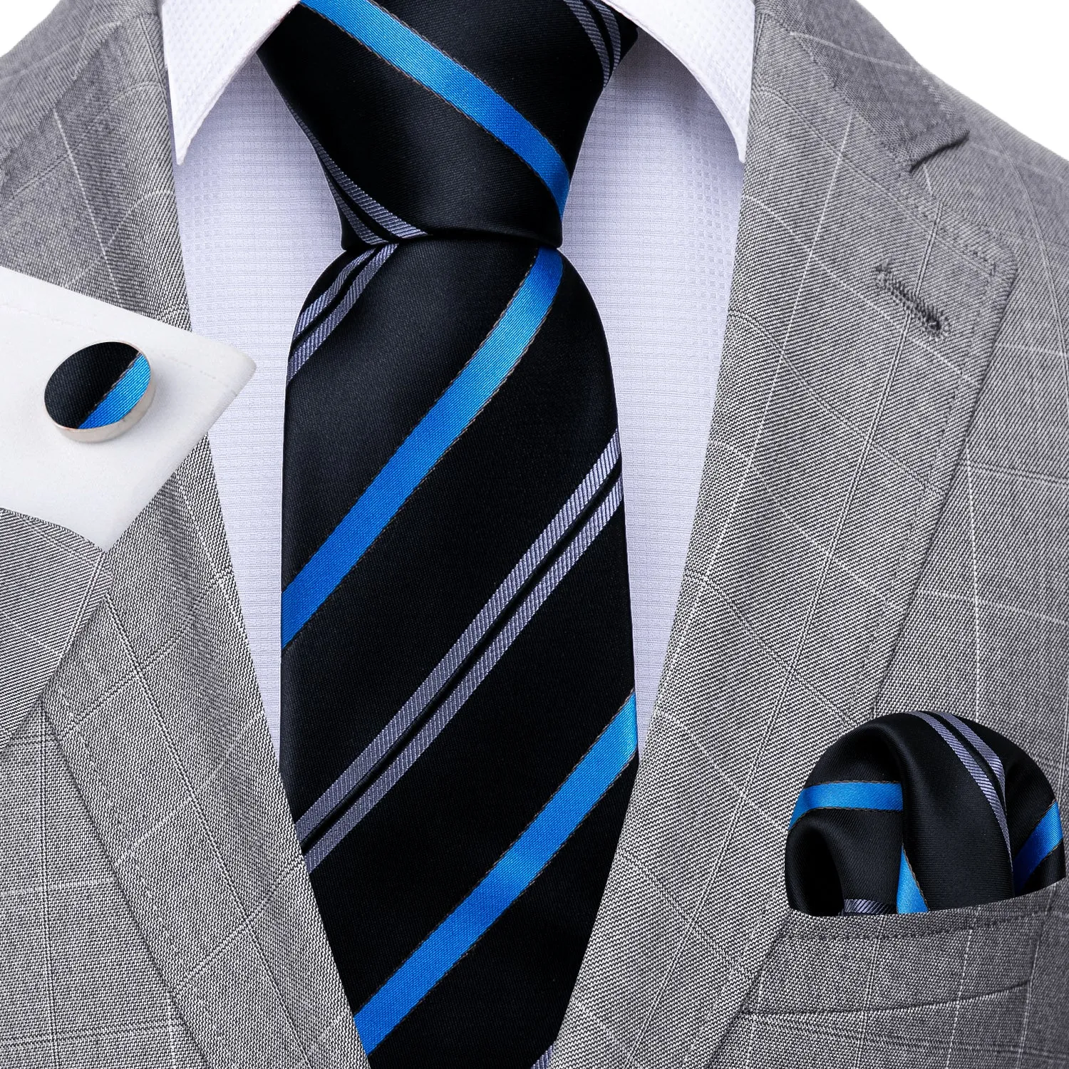 Barry. Wang Black Tie Blue Striped Silk Necktie Hanky Cufflinks Set sold by Barrywang product image thumbnail 3