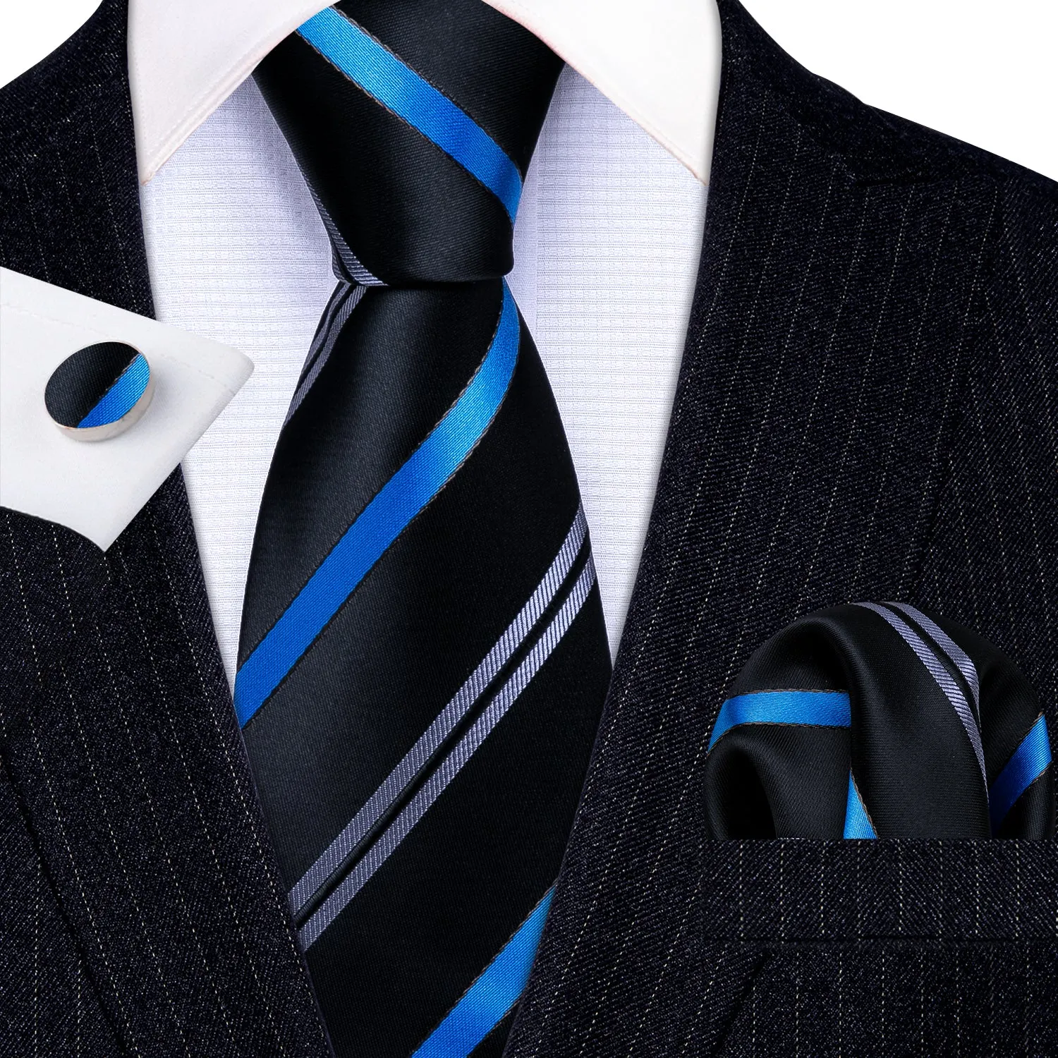 Barry. Wang Black Tie Blue Striped Silk Necktie Hanky Cufflinks Set sold by Barrywang
