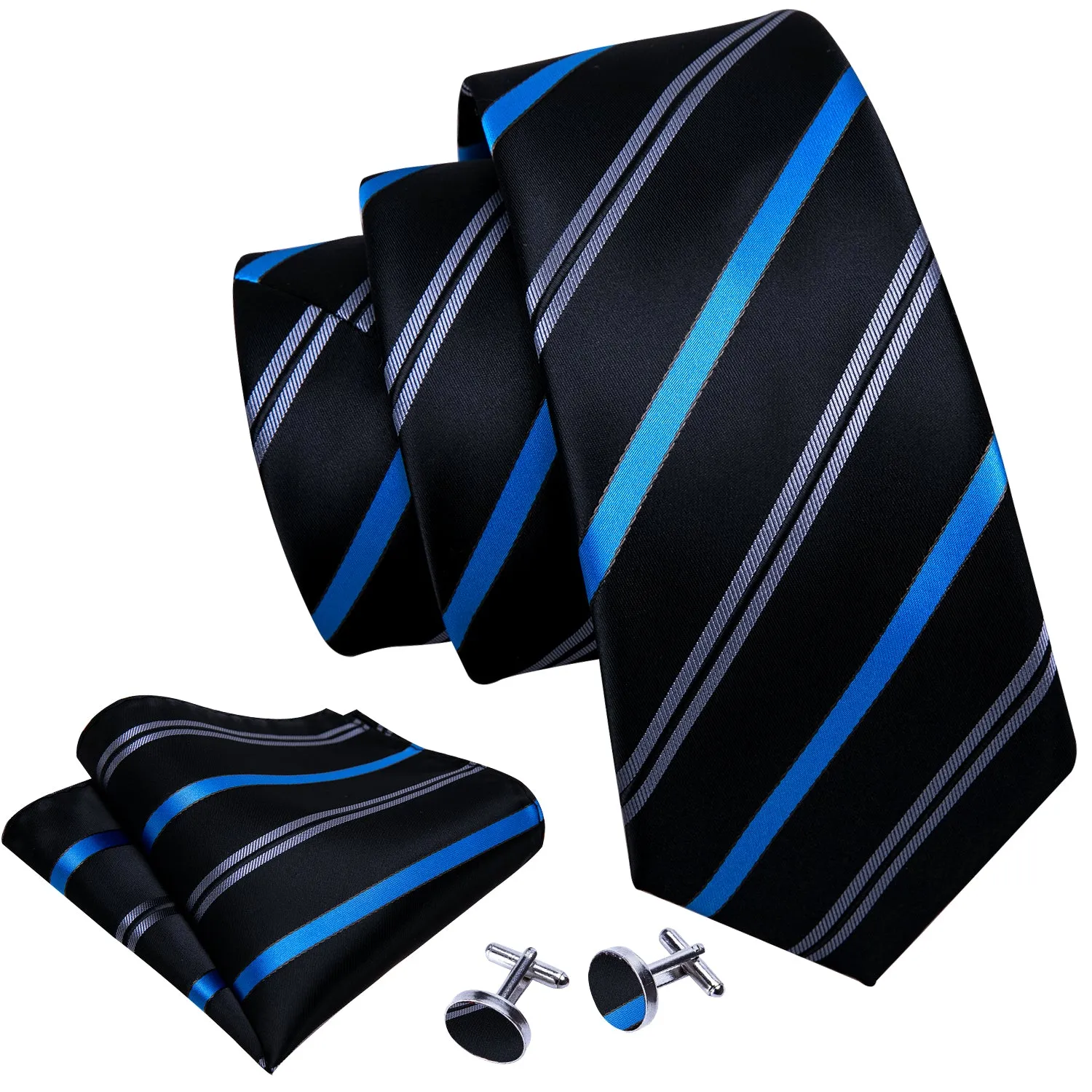 Barry. Wang Black Tie Blue Striped Silk Necktie Hanky Cufflinks Set sold by Barrywang product image thumbnail 5