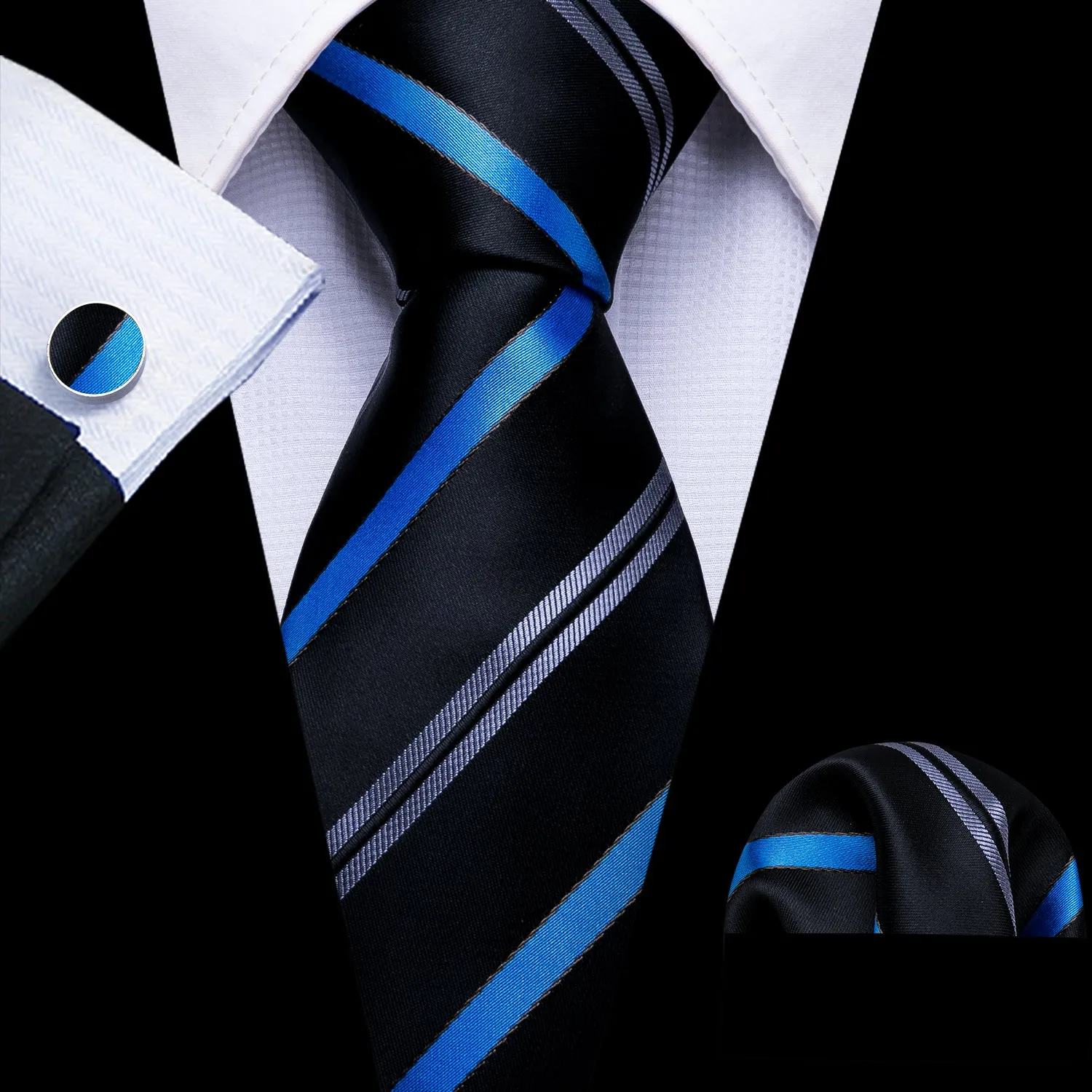 Barry. Wang Black Tie Blue Striped Silk Necktie Hanky Cufflinks Set sold by Barrywang product image thumbnail 2