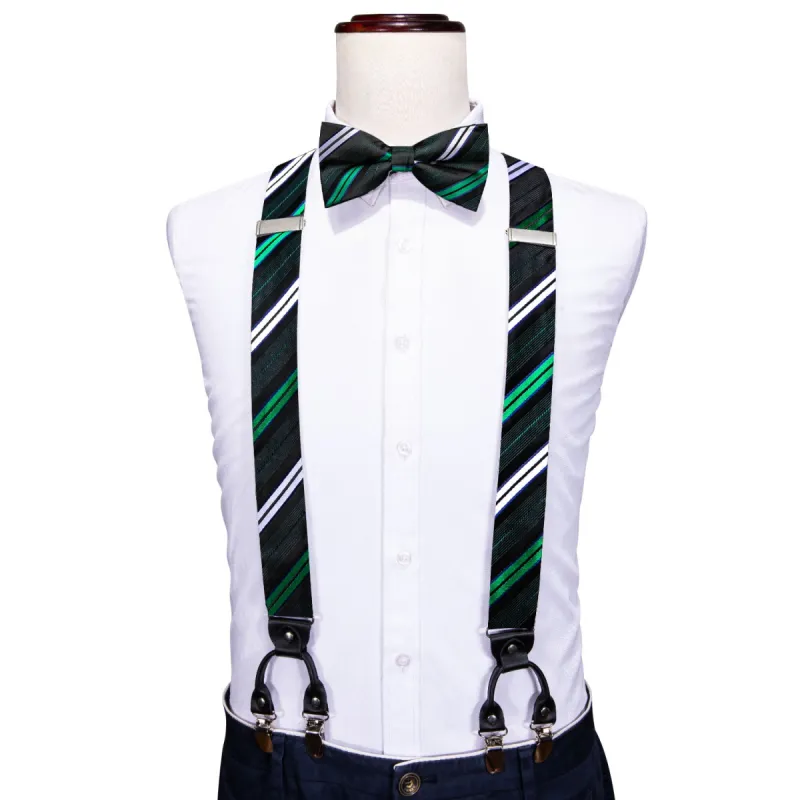 Barry.wang Black Tie Green White Striped Y Back Adjustable Bow Tie Suspenders Set sold by Barrywang