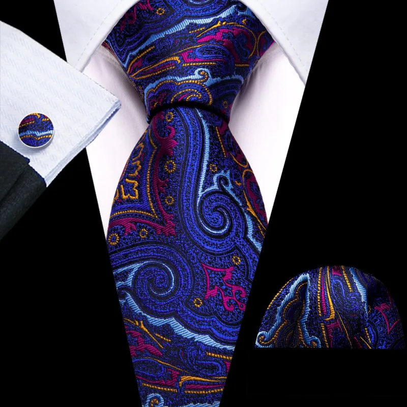 Barry Wang Blue Tie Paisley Silk Necktie Pocket Square Cufflinks Set sold by Barrywang