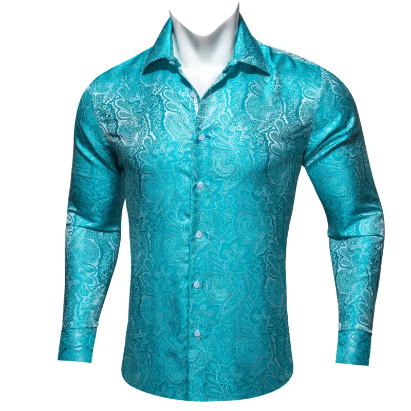 Barry Wang Cyan Paisley Shirt Blue Silver Paisley Silk Men's Shirt sold by Barrywang