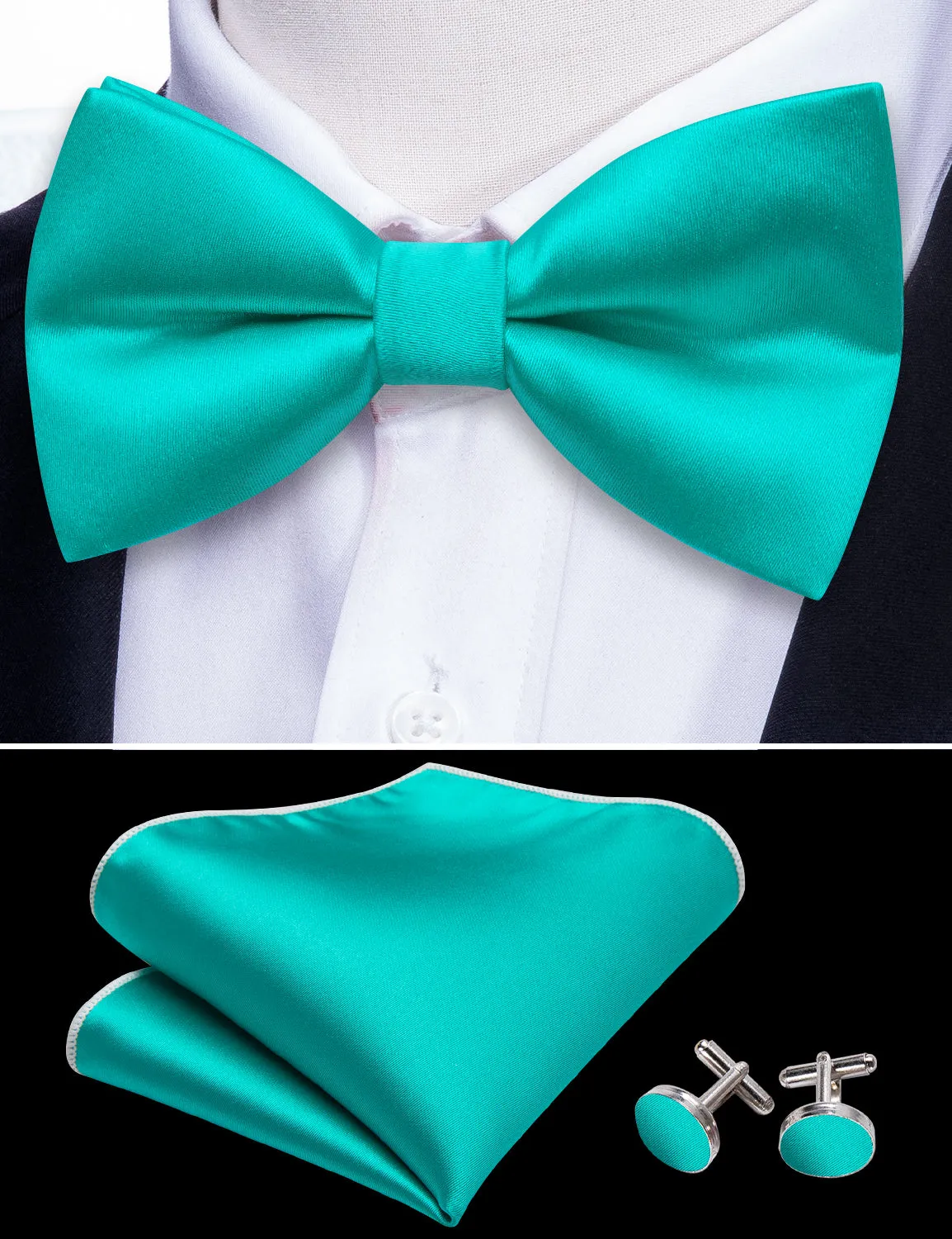 Barry. Wang Aqua Solid Silk Pre Tied Wedding Bowtie Hanky Cufflinks Set sold by Barrywang product image thumbnail 5