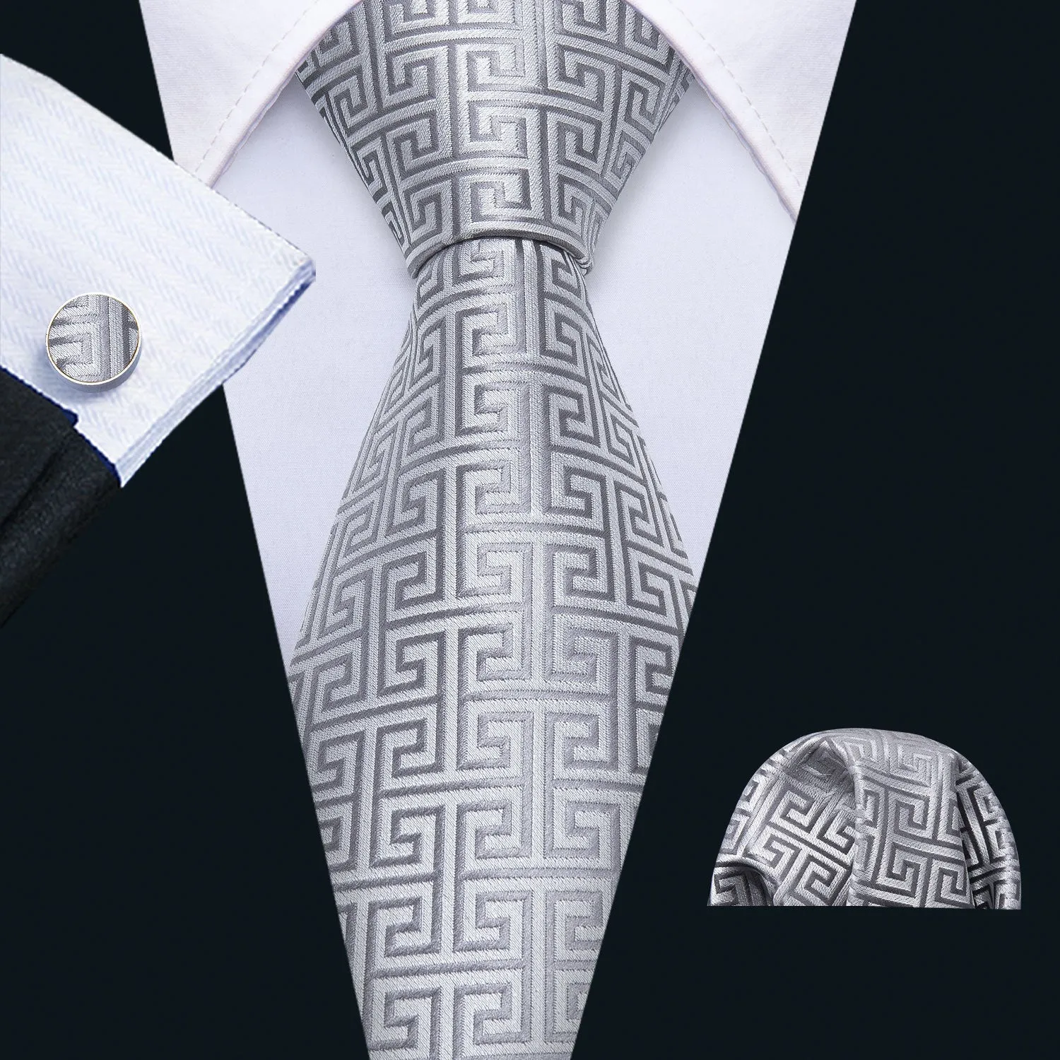 Barry. Wang Sliver Plaid Silk Men's Tie Pocket Square Cufflinks Set sold by Barrywang