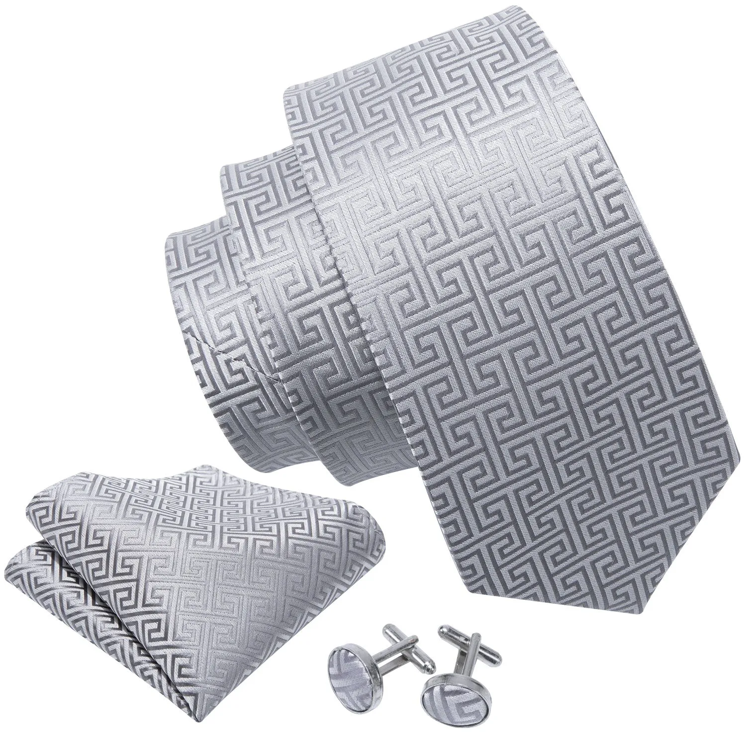 Barry. Wang Sliver Plaid Silk Men's Tie Pocket Square Cufflinks Set sold by Barrywang product image thumbnail 4