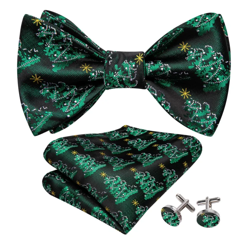 Barry Wang Christmas Green Tree Silk Mens Bow Tie Hanky Cufflinks Set sold by Barrywang