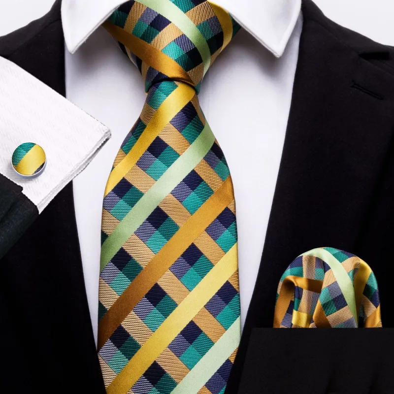 Barry Wang Checkered Tie Green Yellow Tie Pocket Square Cufflinks Set sold by Barrywang