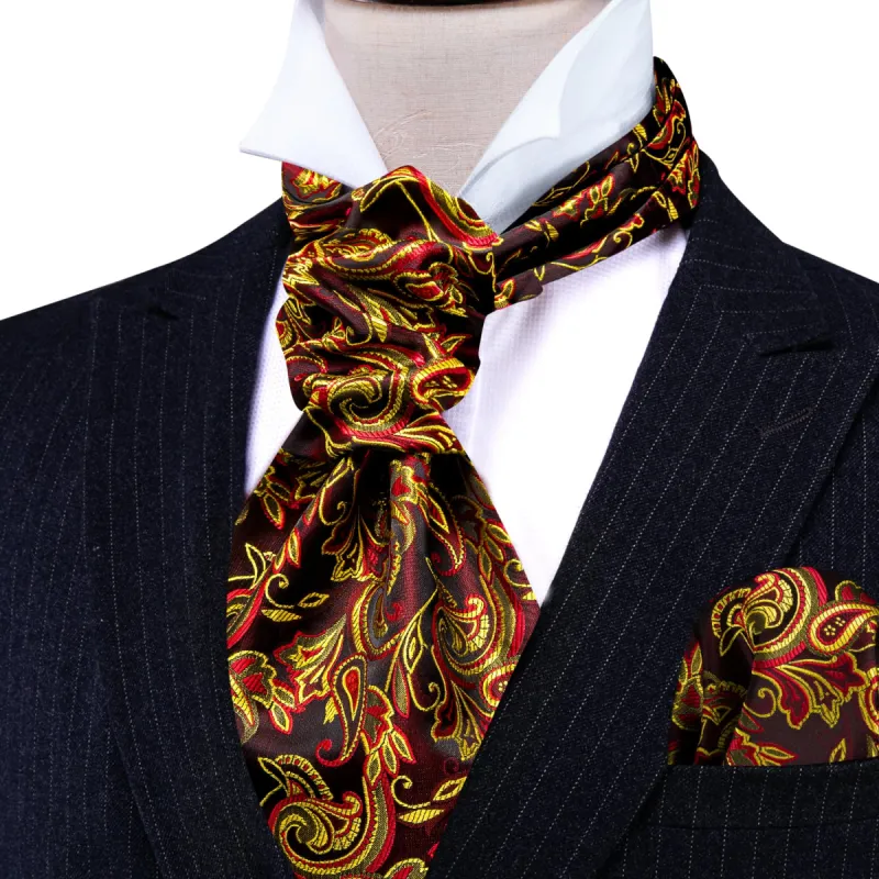 Barry. Wang Red Yellow Jacquard Ascot Men Tie Handkerchief Cufflink Set sold by Barrywang