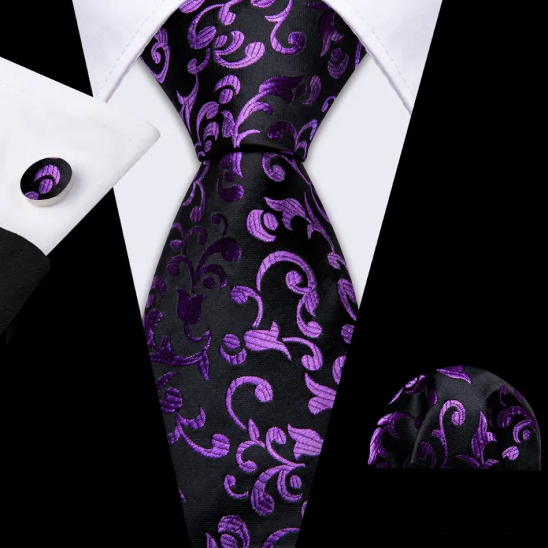 Barry Wang Black Purple Necktie Floral Tie Handkerchief Cufflinks Set sold by Barrywang
