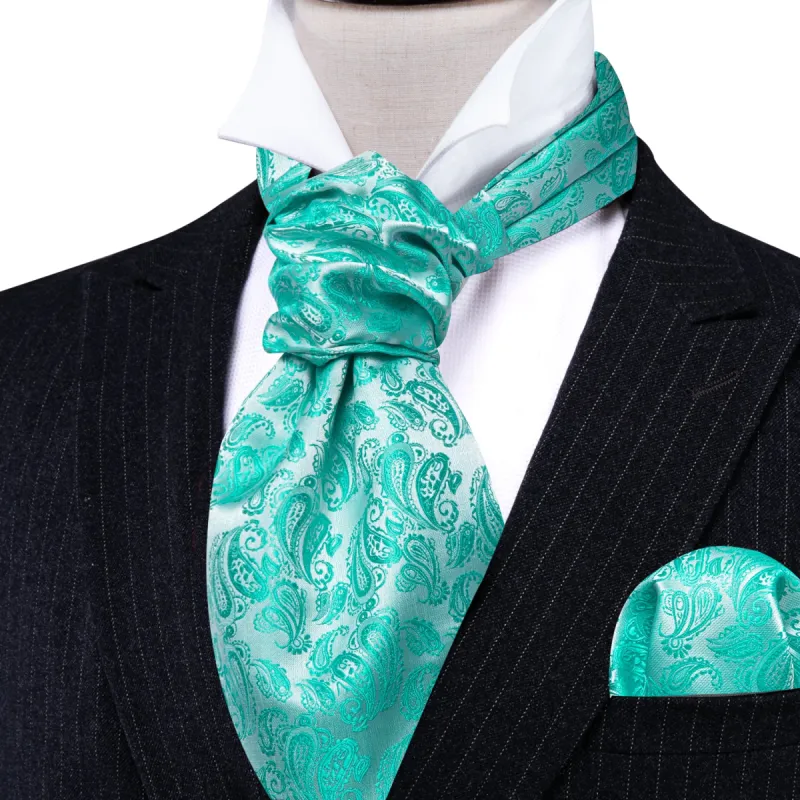 Barry. Wang Men's Tie Pale Teal Paisley Silk Ascot Tie Handkerchief Cufflinks Set sold by Barrywang